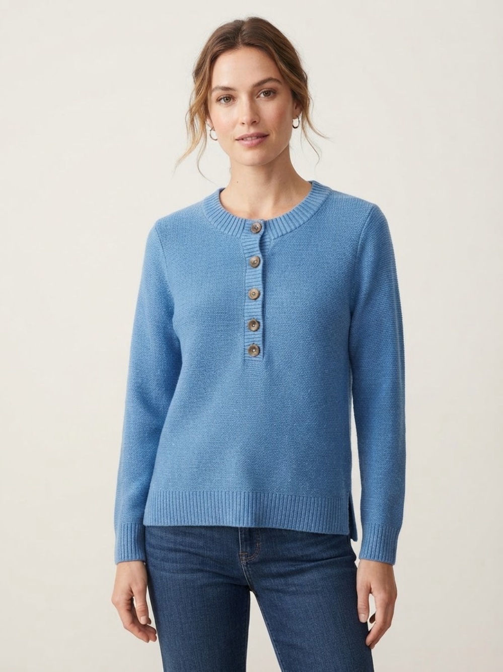 Pure Jill Sky Blue Button-Front Crewneck Sweater